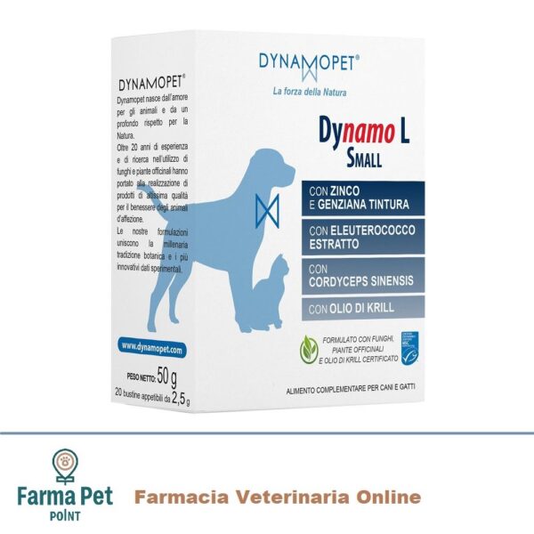 DYNAMO L SMALL 20 BUSTINE 2.5G sostiene le naturali difese dell'organismo di cani e gatti che vivono in aree calde e umide