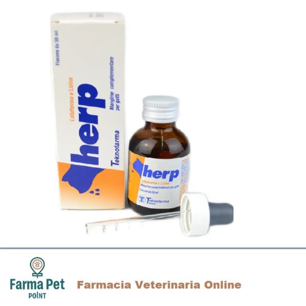 HERP MANGIME COMPLEMENTARE 50ML Per integrare la dieta in Lattoferrina e Lisina nei gatti soggetti a pressione infettiva. Herpes Virus e Calici Virus