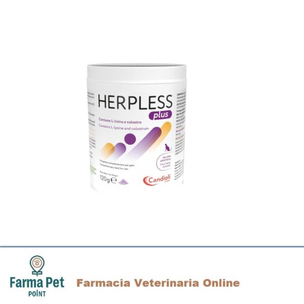 HERPLESS PLUS GATTO POLVERE APPETIBILE 120G Mangime complementare per gatti. È un mangime complementare per gatti contenente l'amminoacido L-lisina. Può essere utilizzato in gatti di ogni età come supplemento nutrizionale