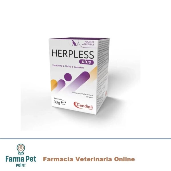 HERPLESS PLUS GATTO POLVERE APPETIBILE 30G Mangime complementare per gatti. È un mangime complementare per gatti contenente l'amminoacido L-lisina.