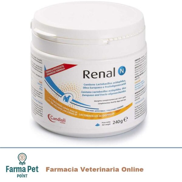 Renal N 240GR è un mangime complementare per cani e gatti. I suoi componenti favoriscono il mantenimento del normale metabolismo e di una idonea funzionalità intestinale